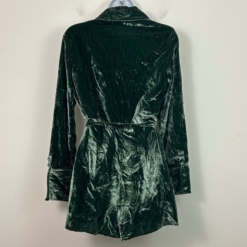 Free People Emerald Green Crushed Velvet Wrap Romper Tassel Tie Medium NWOT - Picture 3 of 13